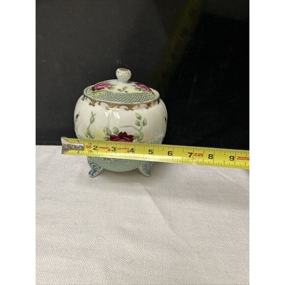 Antique Nippon Cabbage Rose Floral Lidded Footed Biscuit Jar Hand Painted - Picture 3 of 7